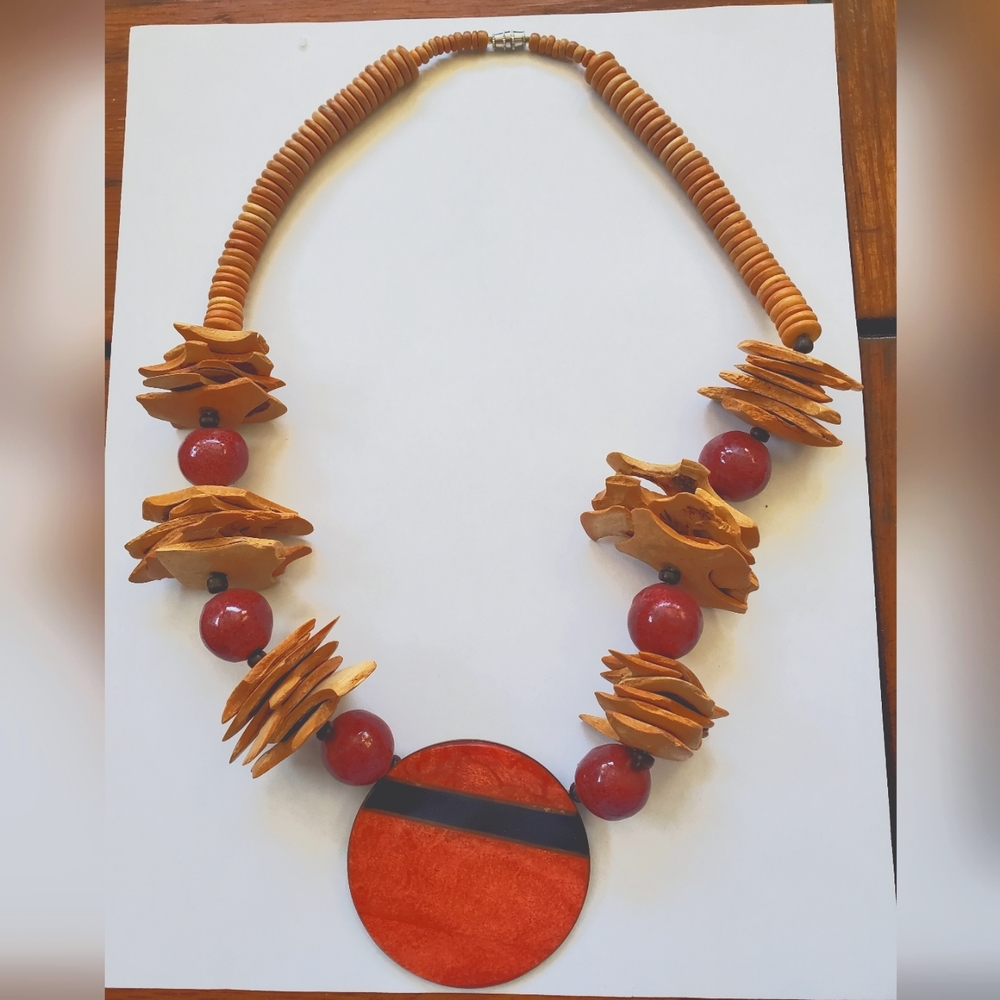 Vintage Chunky Wooden Necklace w/ Medallion